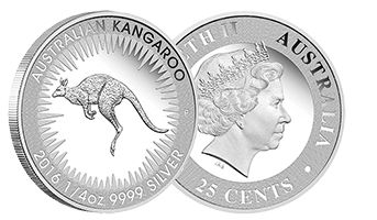 Australian Kangaroo Silber 2016 in proof. Die Version in polierter Platte kommt in verschiedenen Stückelungen auf den Markt. Hier 1/4 Unze.